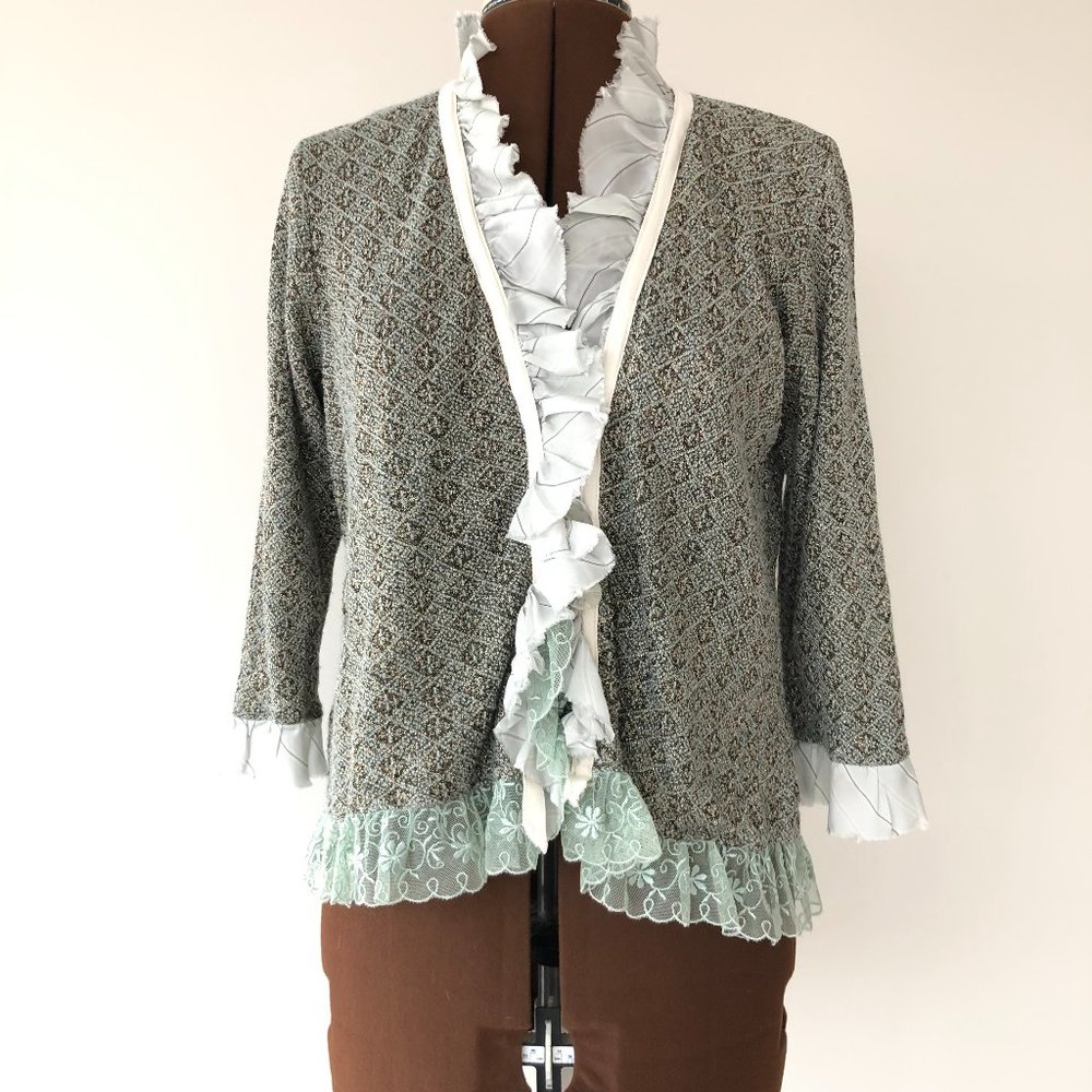 Jacquard Knit Cardigan with Ruffled Neckline and Lacy Hem